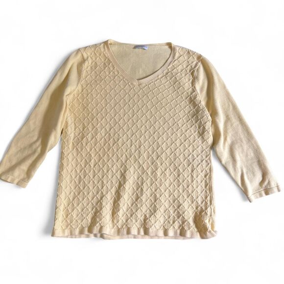 Talbots Butter Yellow Long Sleeve V-neck Sweater with Textured Diamond Pattern - Picture 1 of 8